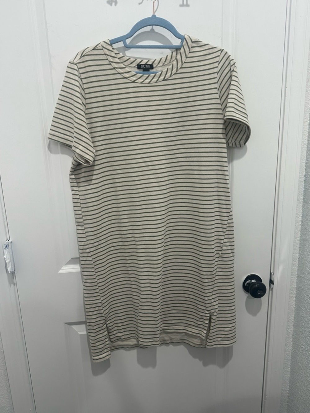Buffalo David Bitton Cream and Olive Striped Tshirt dress SZ L